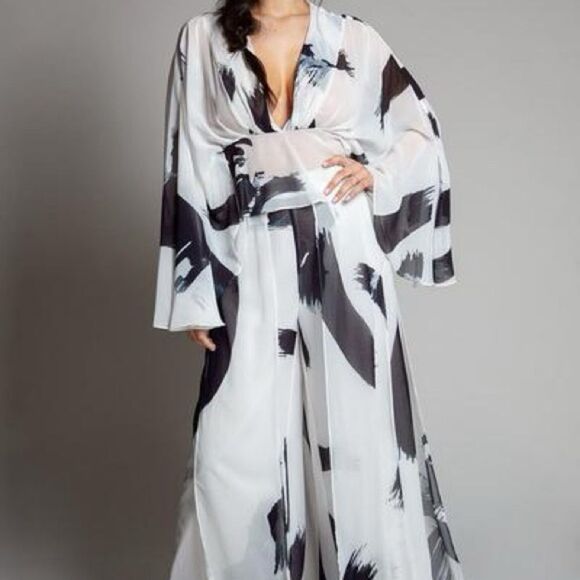 Fashion Nova Black and White Jumpsuit with Bell Sleeves - Picture 1 of 13
